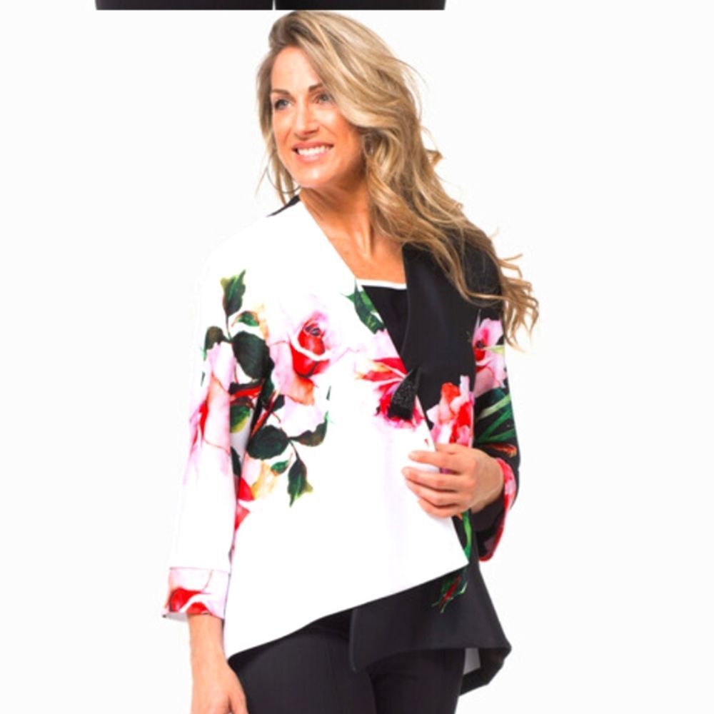 Stunning Joseph Ribkoff swing coat / jacket. White & black with rose design. 12
